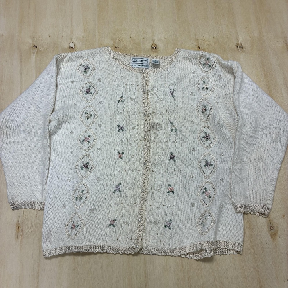 Vintage Floral Beaded Embroidered Cardigan Knit Shenanigans Sweater Womens Large